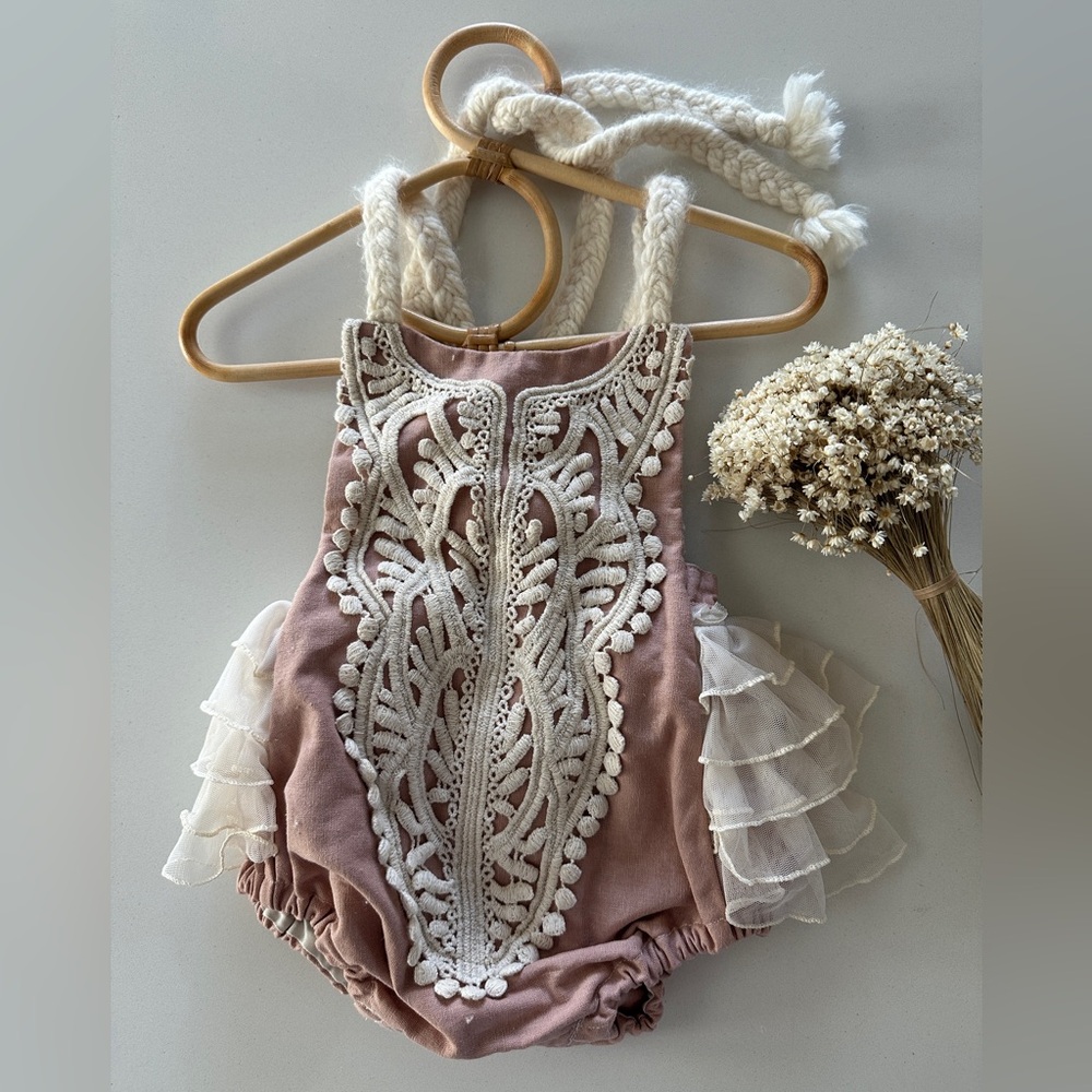 •sold• Boho Bohemian Lace Dainty Ruffle Mauve Romper 12 Months